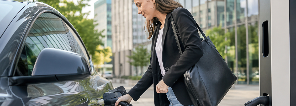 Vrouw staat voor een kantoor gebouw en laad haar elektrische auto op aan een laadpaal